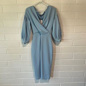Off the shoulder wrap midi bodycon dress in sky blue